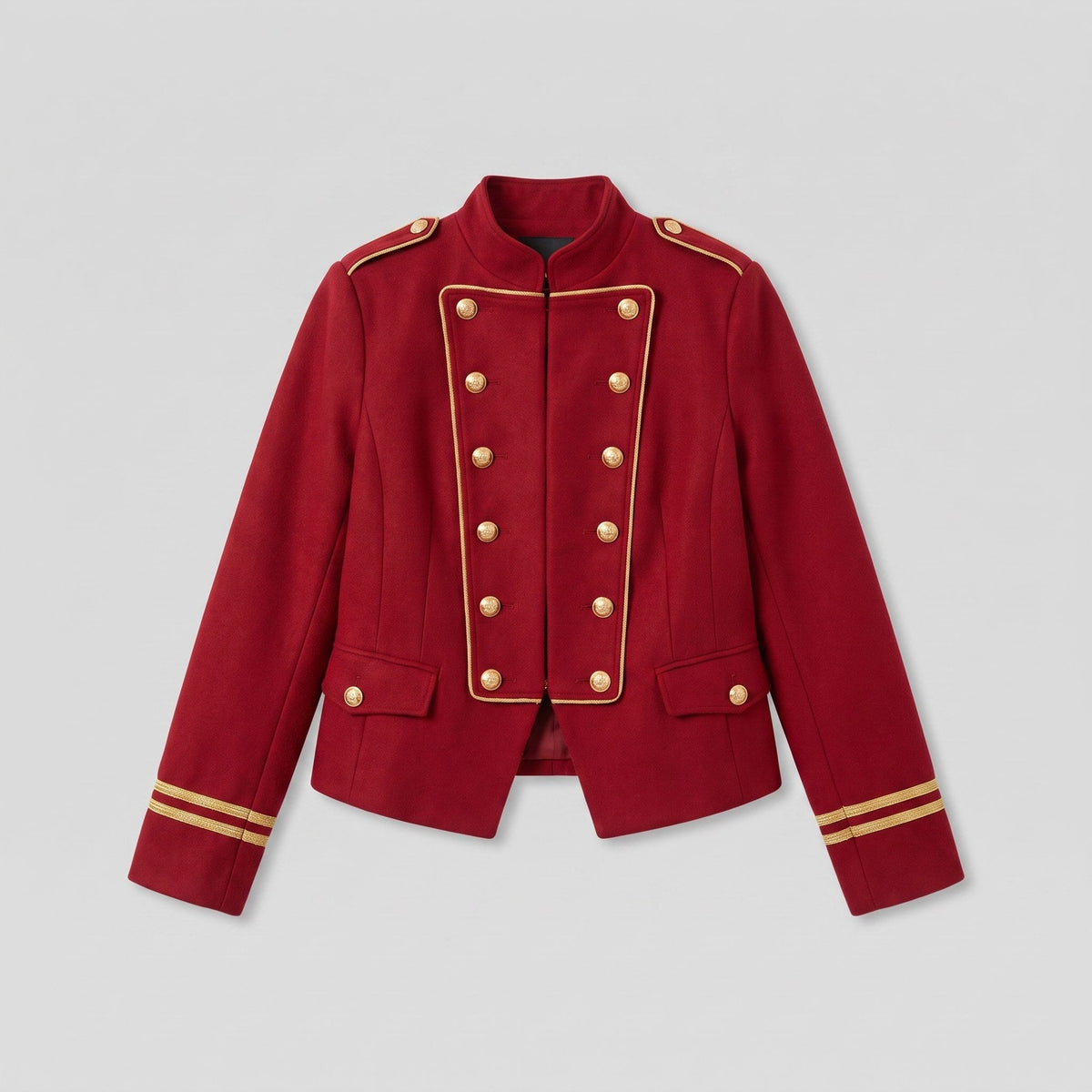 Ivy red velvet blazer with gold buttons, flat lay product shot