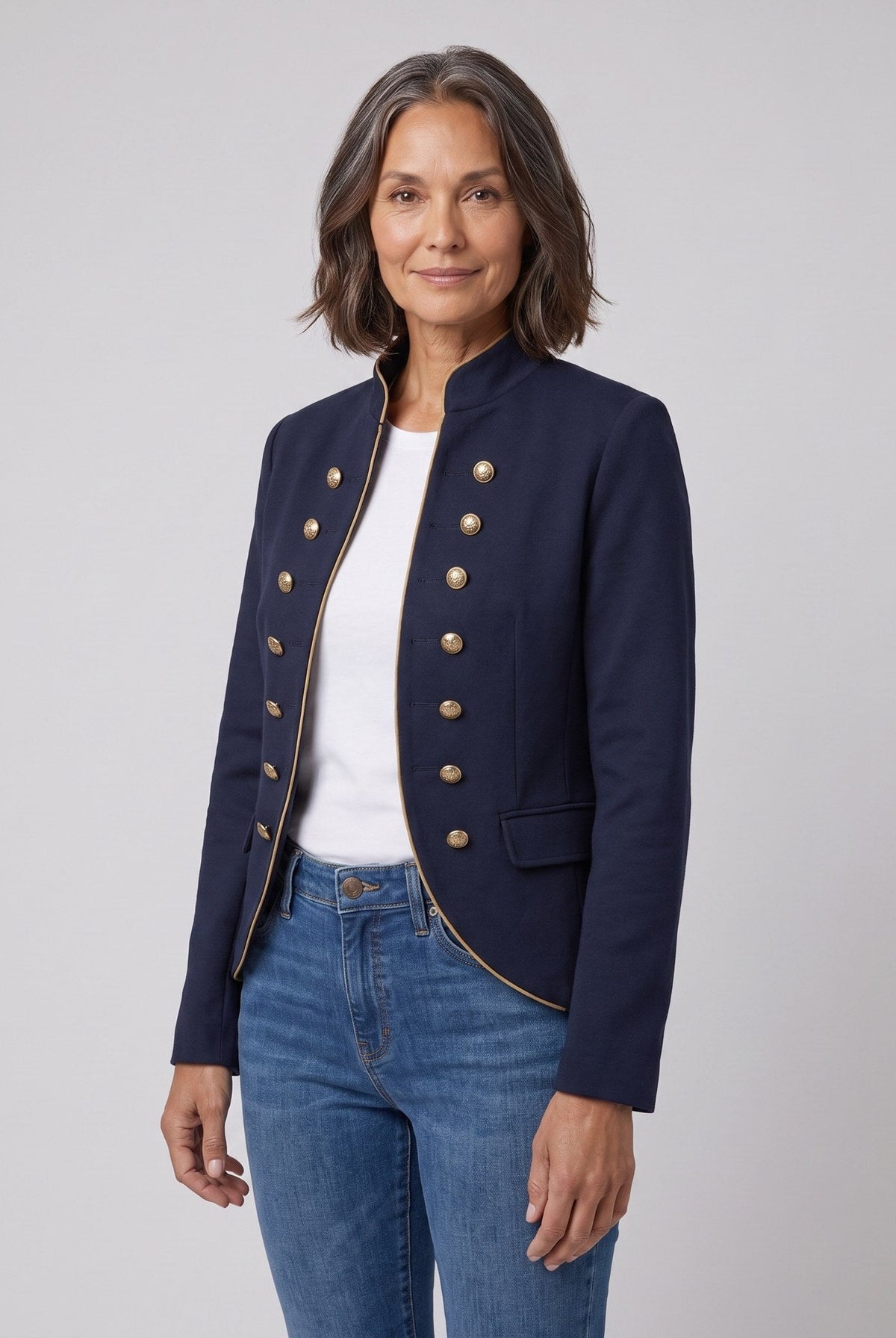 Ivy velvet blazer with gold-tone buttons in navy on model