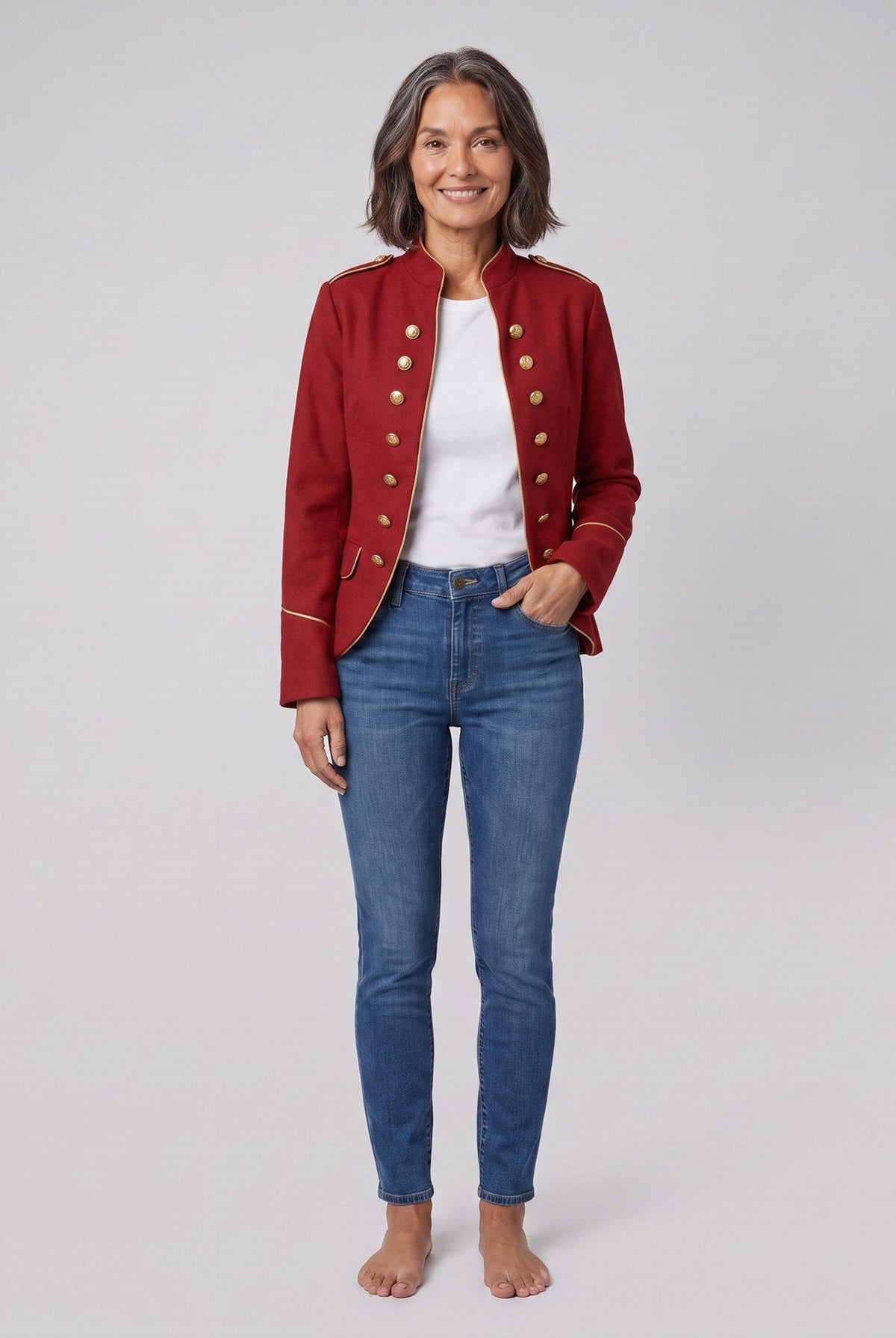 Ivy velvet blazer with gold-tone buttons in red on model