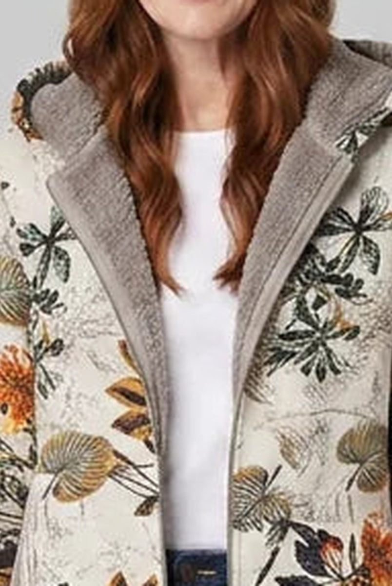 Close-up of women's floral print hooded fleece-lined coat