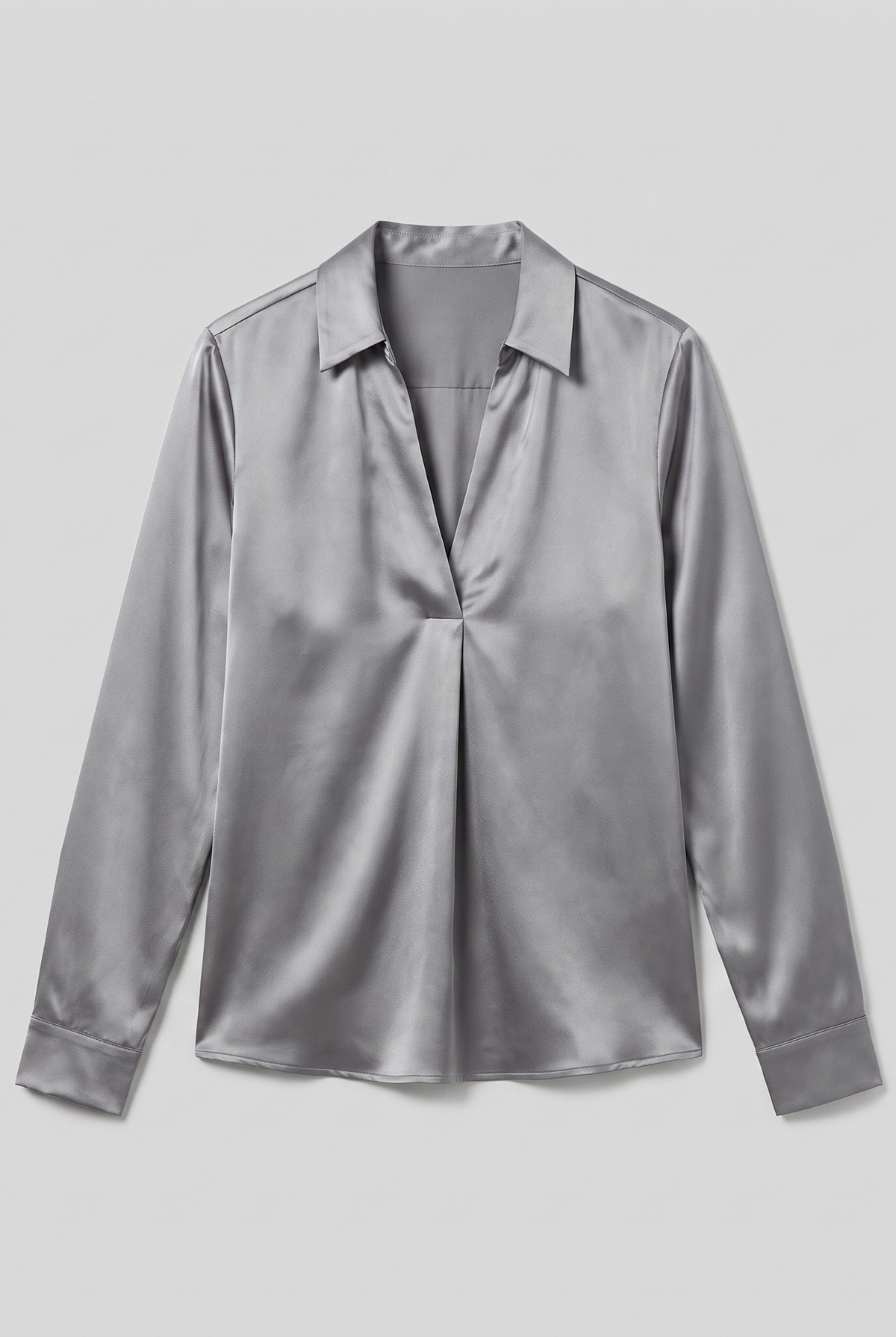 Lena metallic V-neck blouse in silver, flat lay product shot