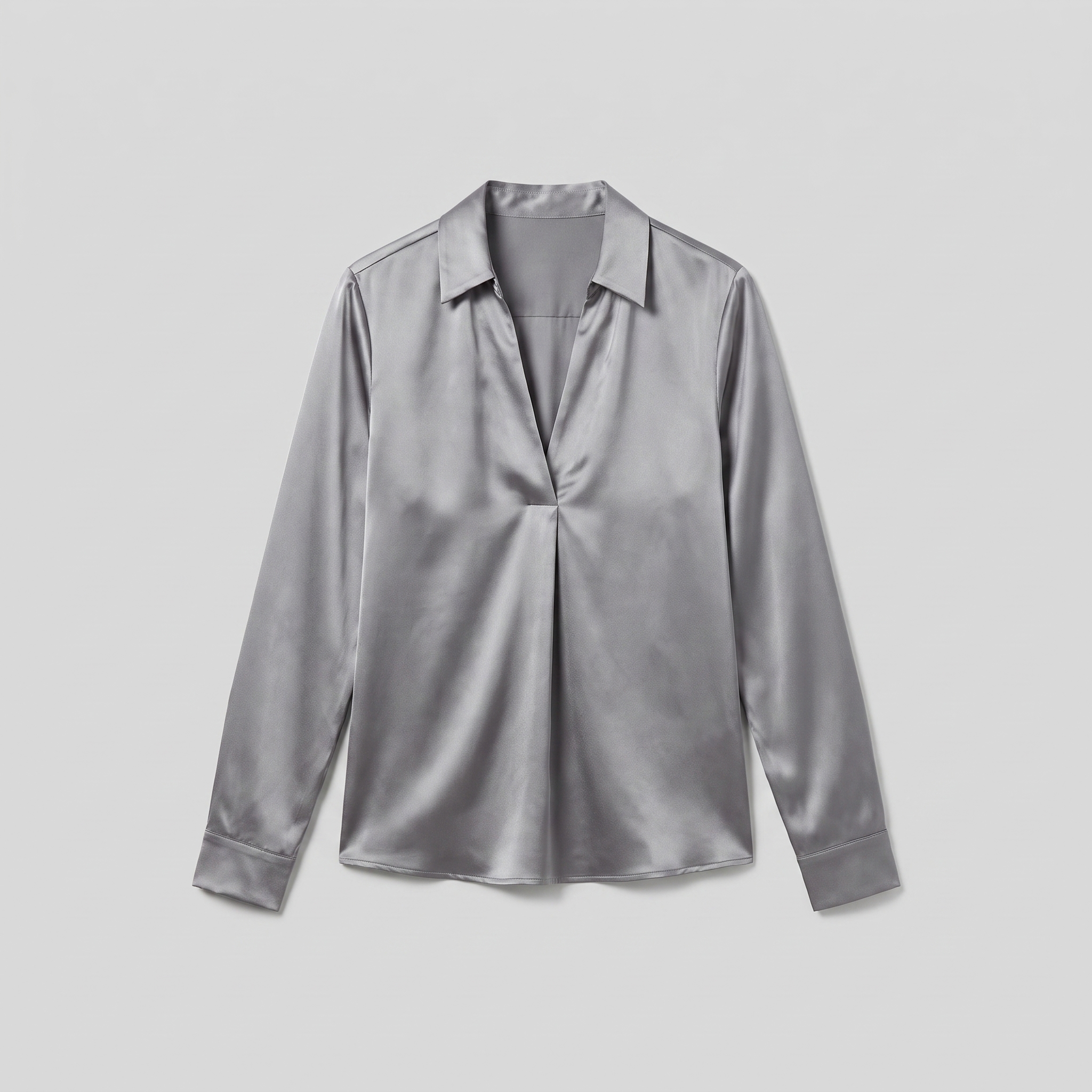 Lena metallic V-neck blouse in silver, flat lay product shot
