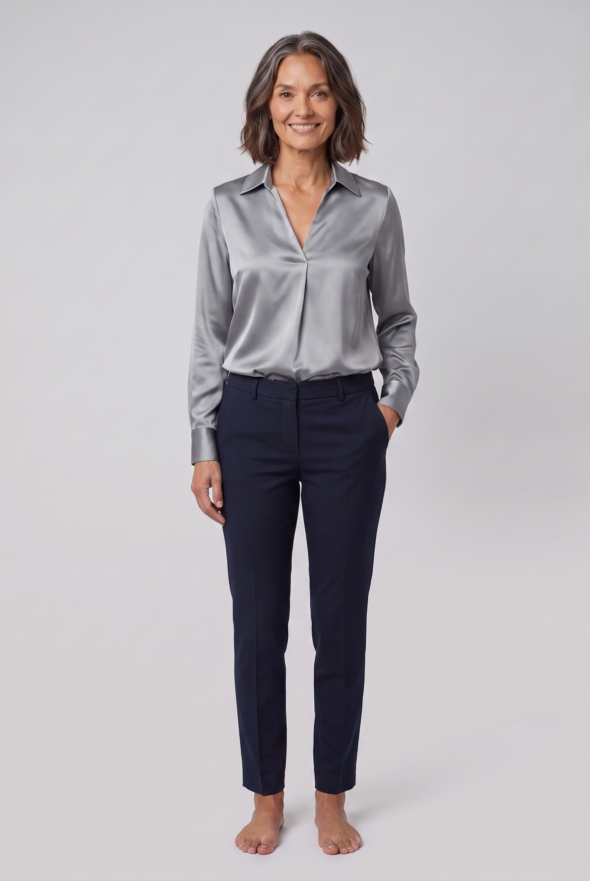 Lena metallic V-neck blouse in silver on model