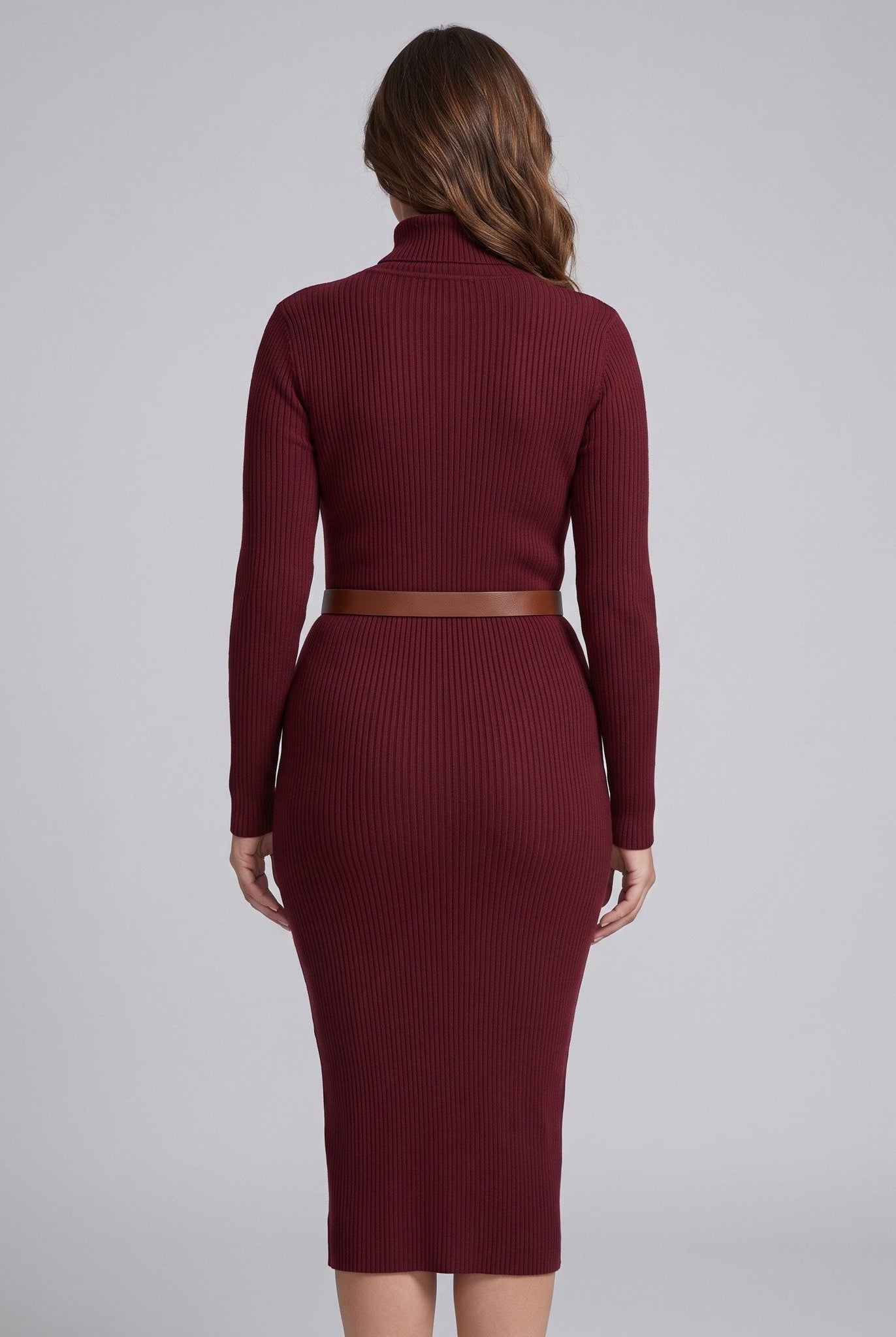 Liora stretch-rib turtleneck midi dress in burgundy, back view on model