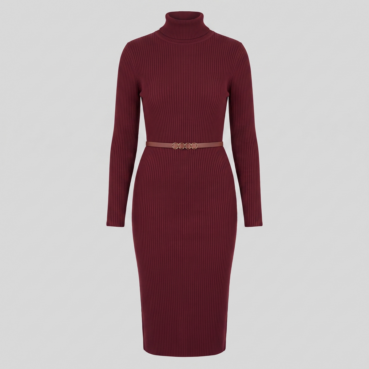 Liora ribbed turtleneck midi dress in burgundy, flat lay product shot