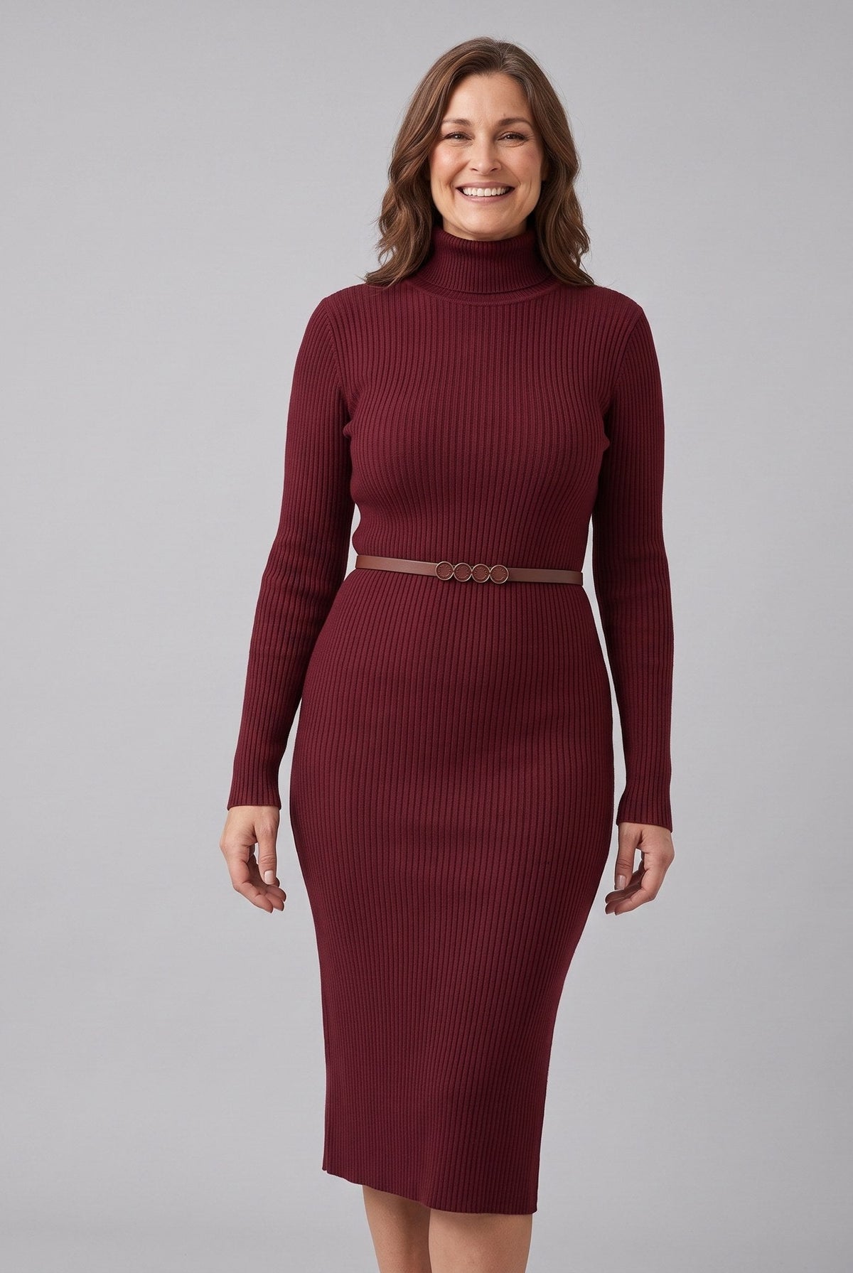 Liora stretch-rib turtleneck midi dress in burgundy on model