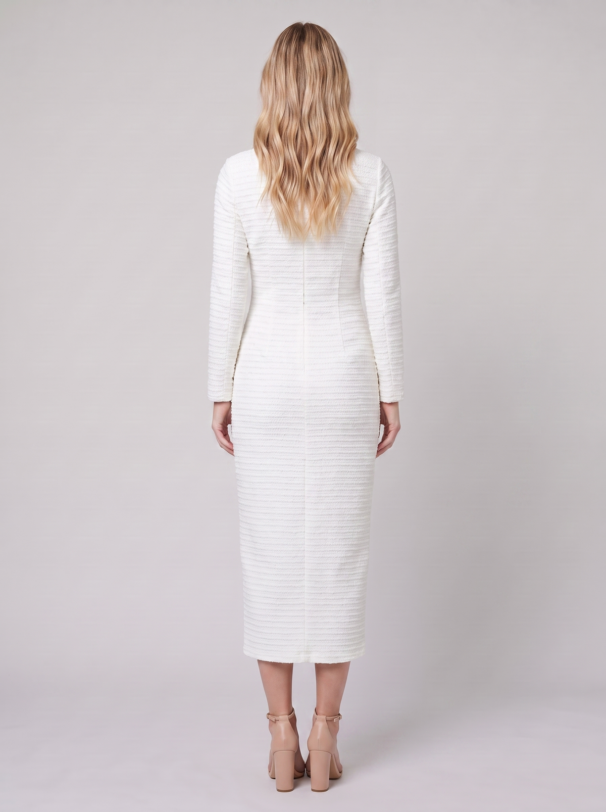 Lisette tweed boucle midi dress, back view on model
