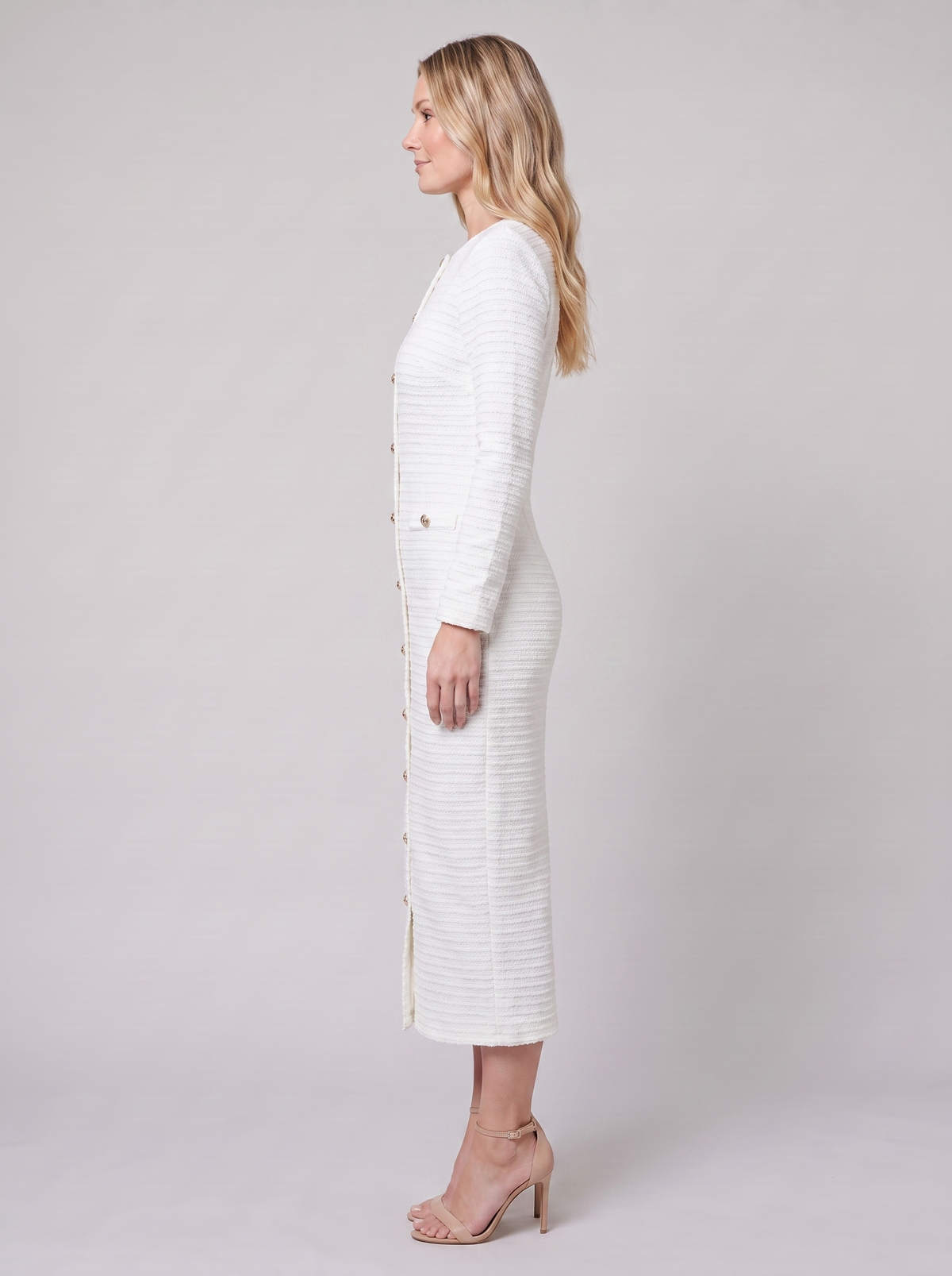Lisette tweed boucle midi dress, side view on model