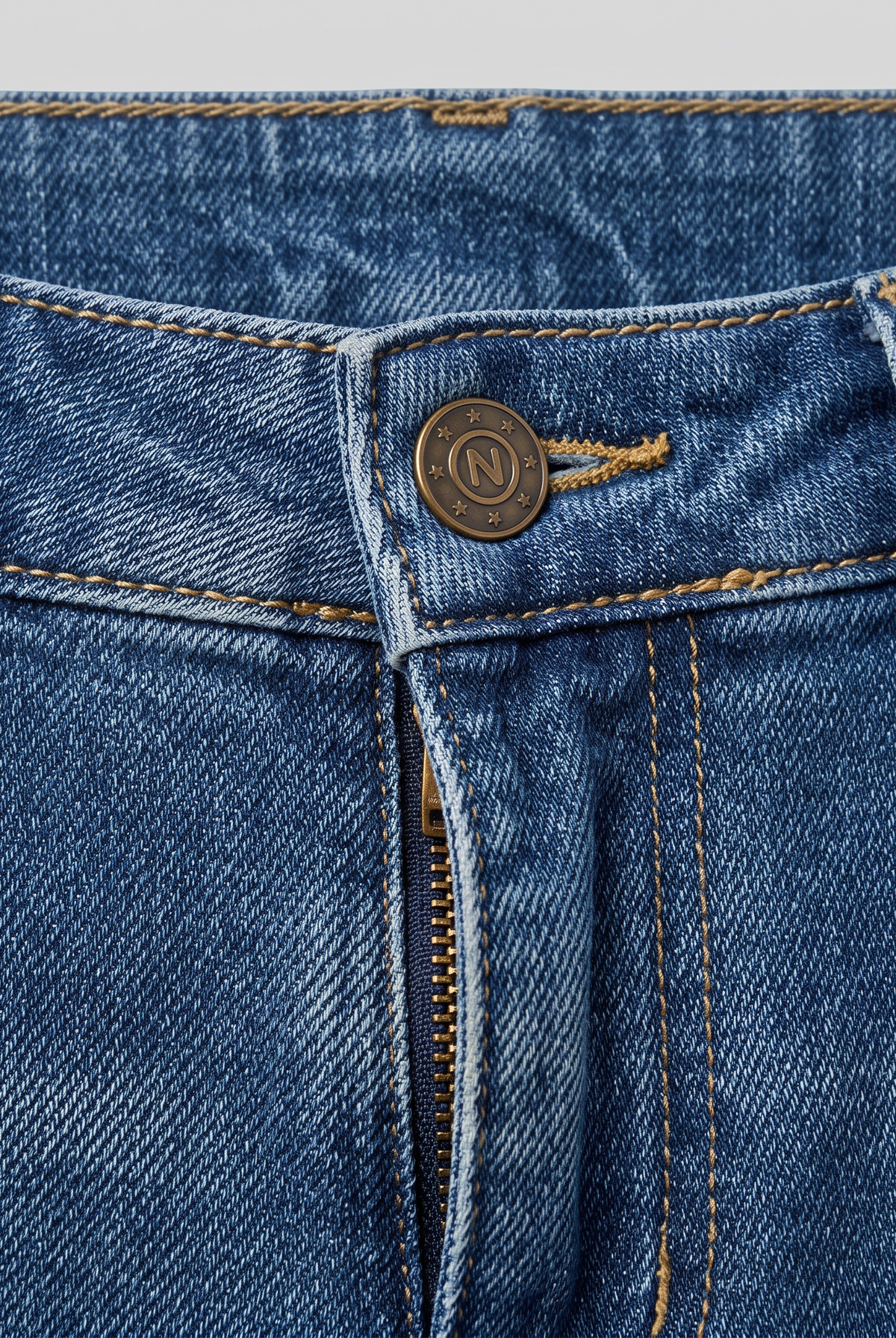 Maren wide-leg jeans waistband, button and denim weave close-up