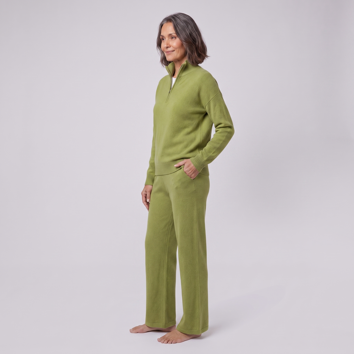 Margaux cashmere-blend lounge set in olive green, side view on model