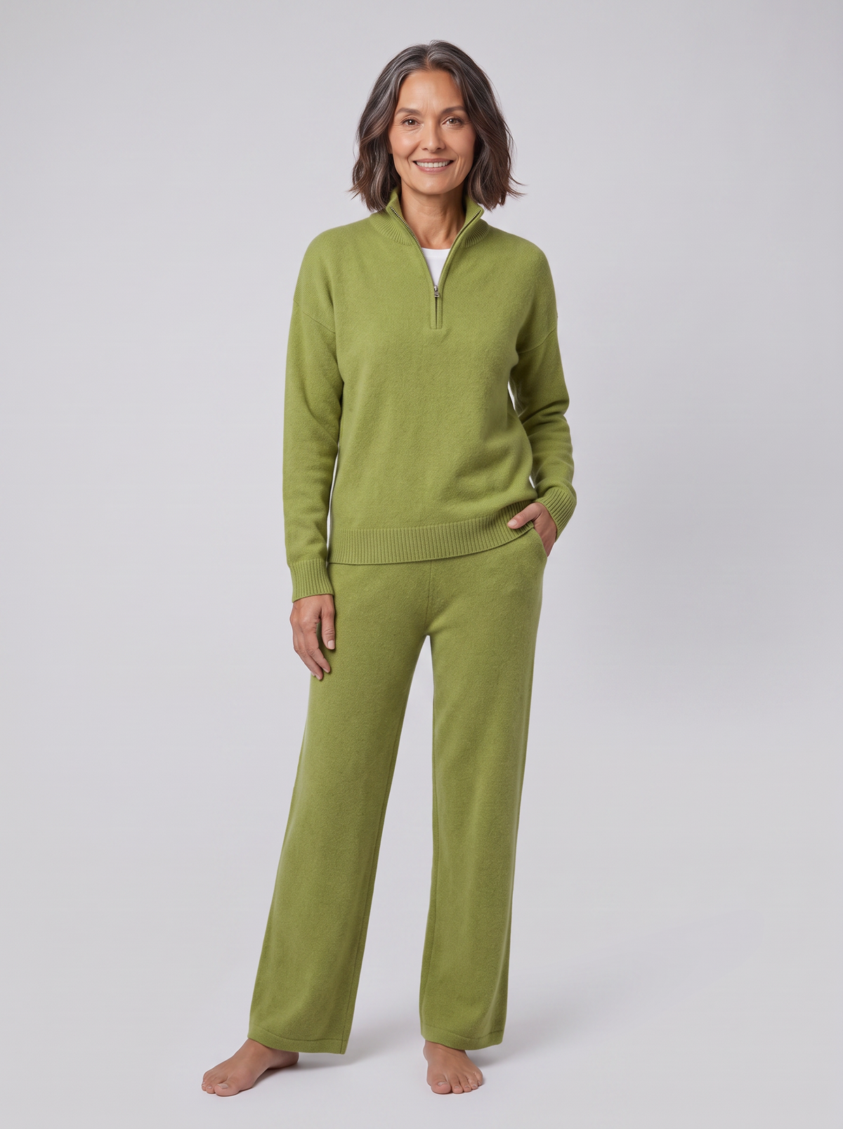 Margaux cashmere-blend half-zip lounge set in olive green on model