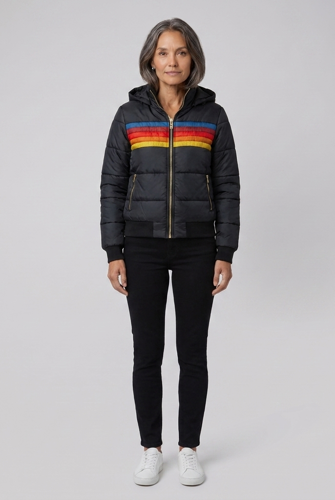 Mila retro rainbow stripe hooded puffer jacket in black on model