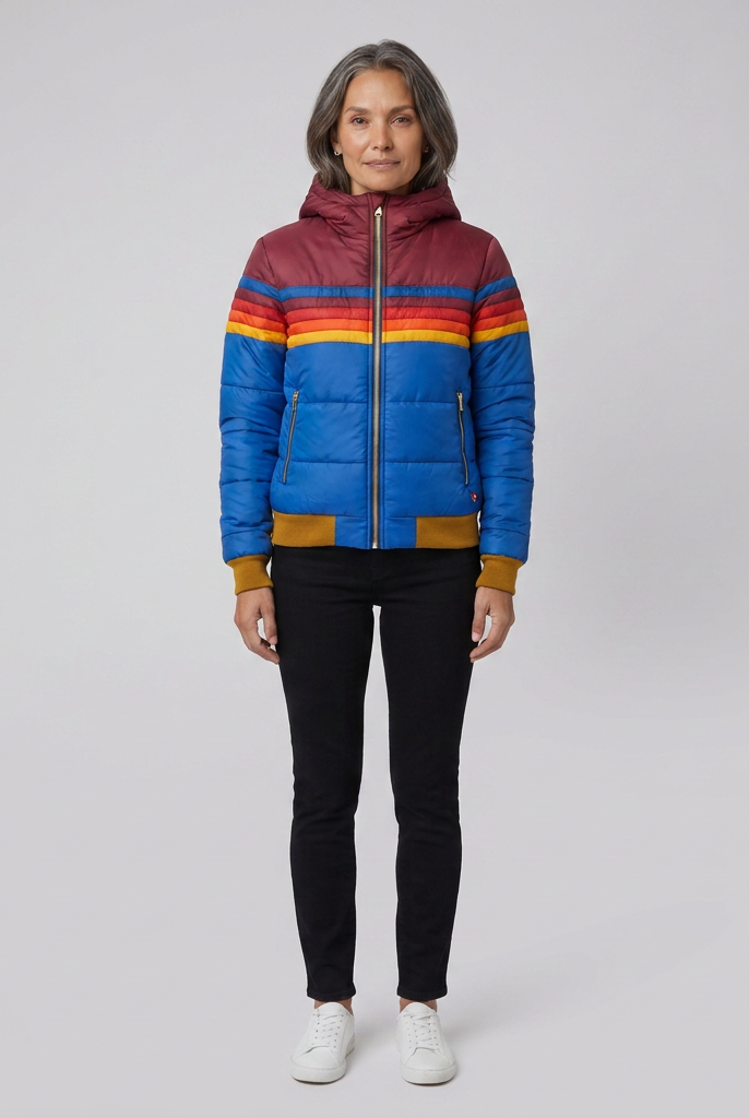 Mila retro rainbow stripe hooded puffer jacket in blue on model