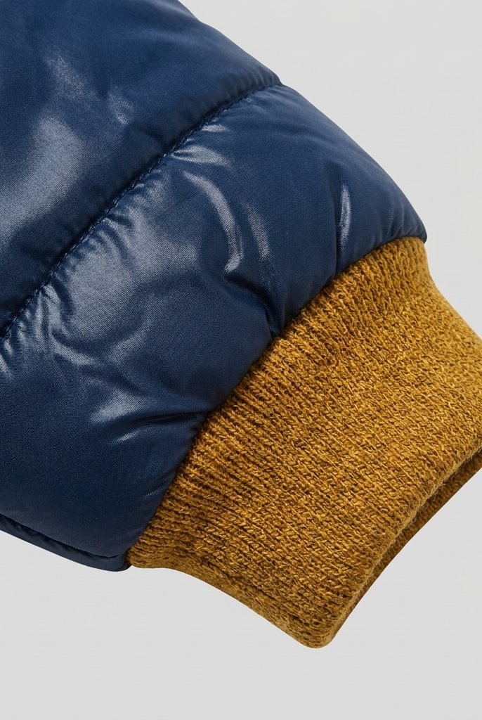 Mila puffer jacket ribbed cuff and quilting close-up