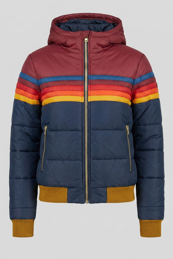 Mila retro rainbow stripe hooded puffer jacket, flat lay product shot