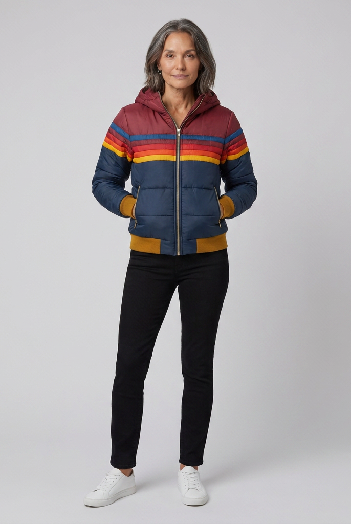 Mila rainbow stripe hooded puffer jacket in navy, front view on model