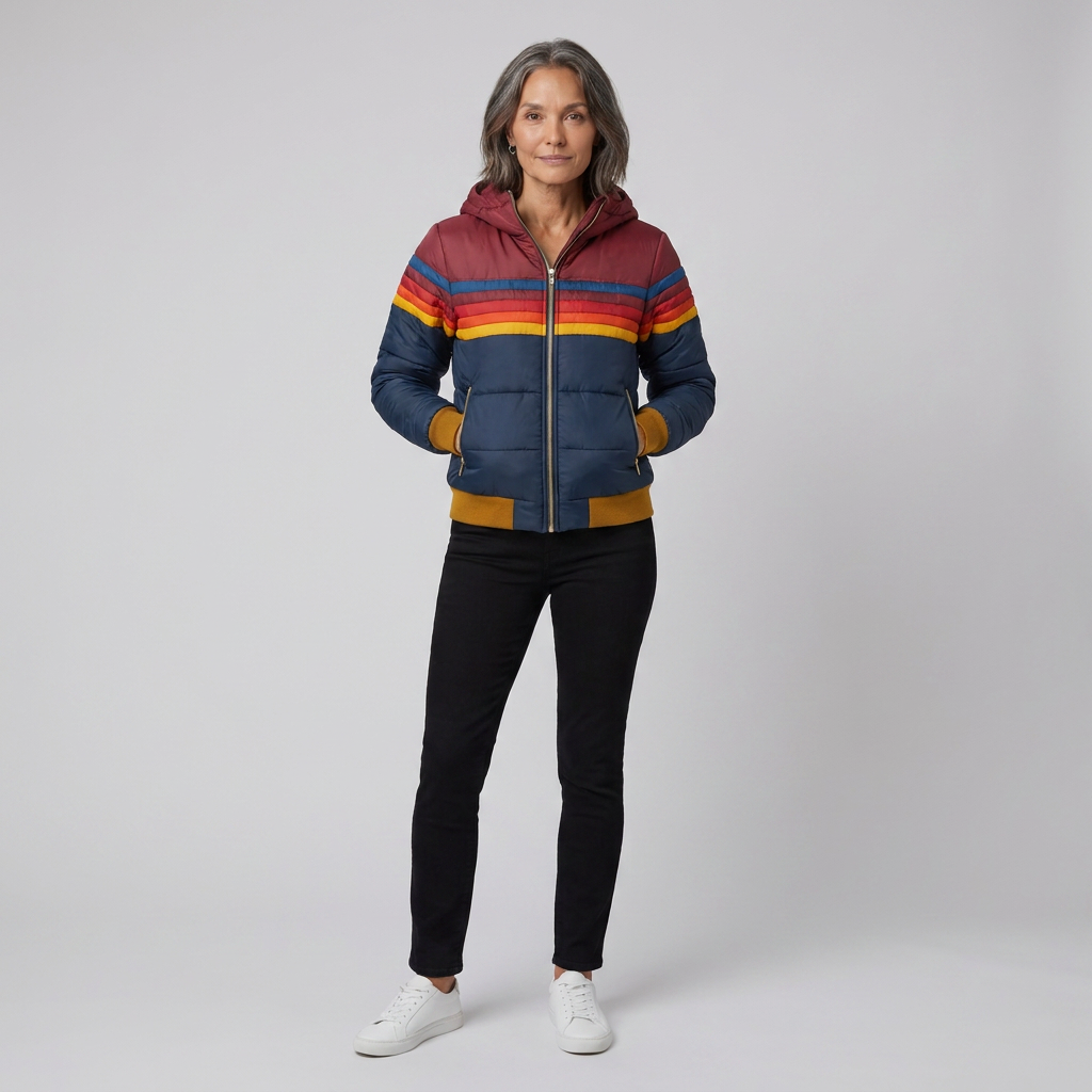 Mila rainbow stripe hooded puffer jacket in navy, front view on model