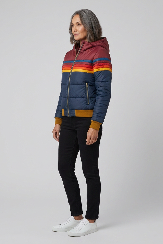 Mila rainbow stripe hooded puffer jacket in navy, side view on model