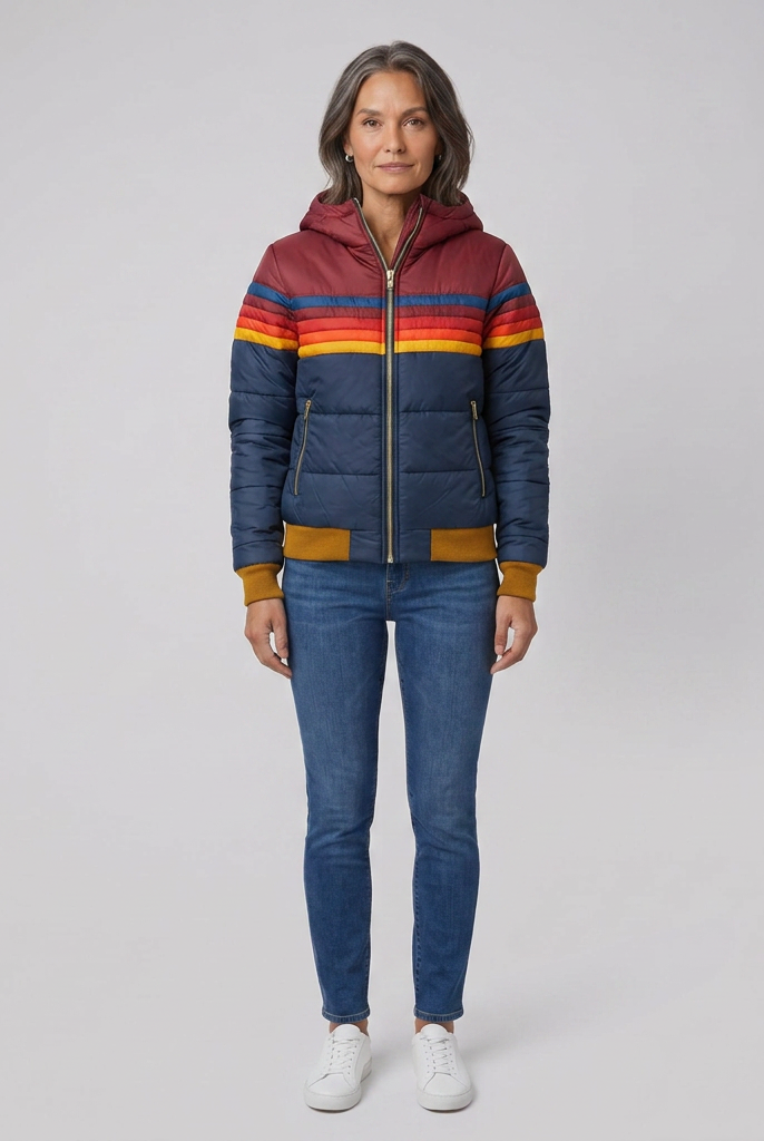 Mila retro rainbow stripe hooded puffer jacket in navy on model