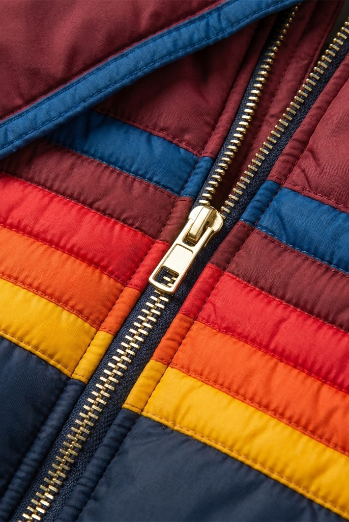 Mila puffer jacket rainbow stripe panel and zip close-up