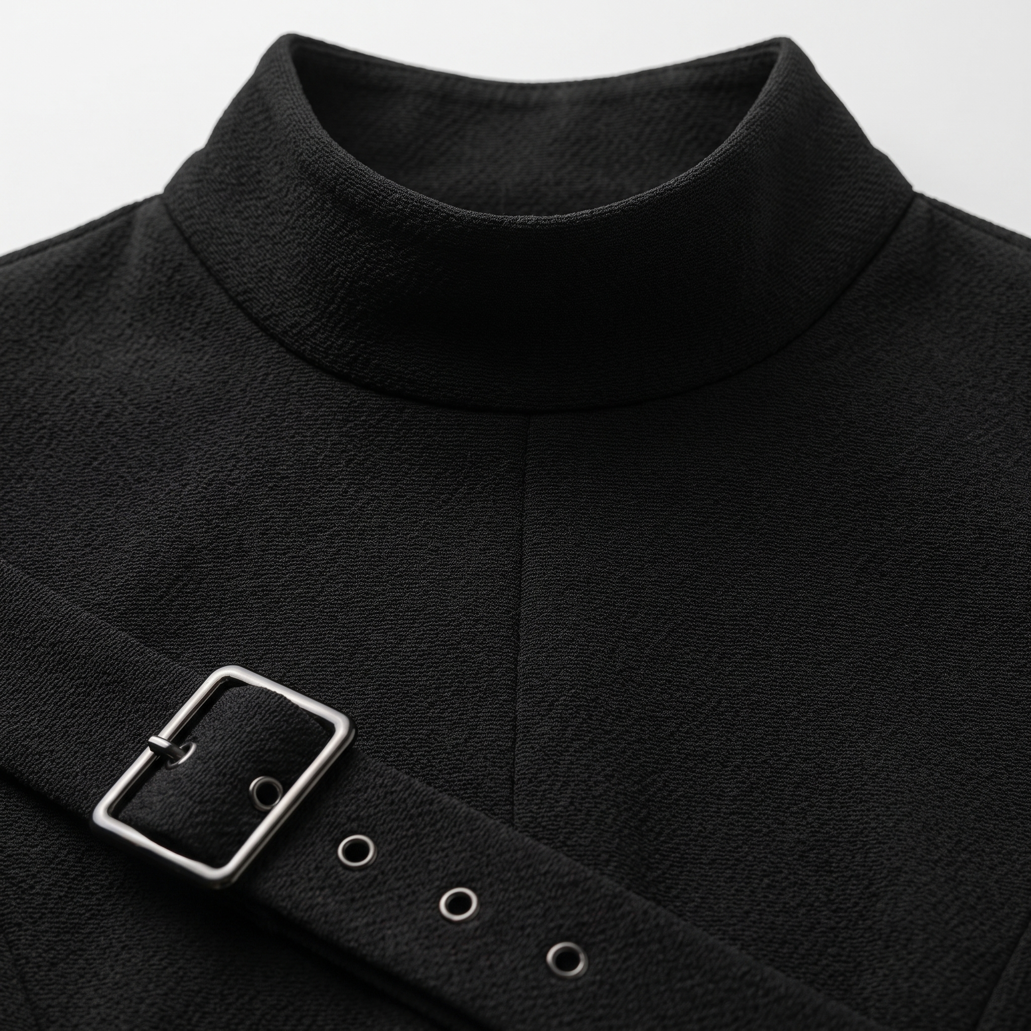 Nola midi dress stand collar and belt buckle close-up