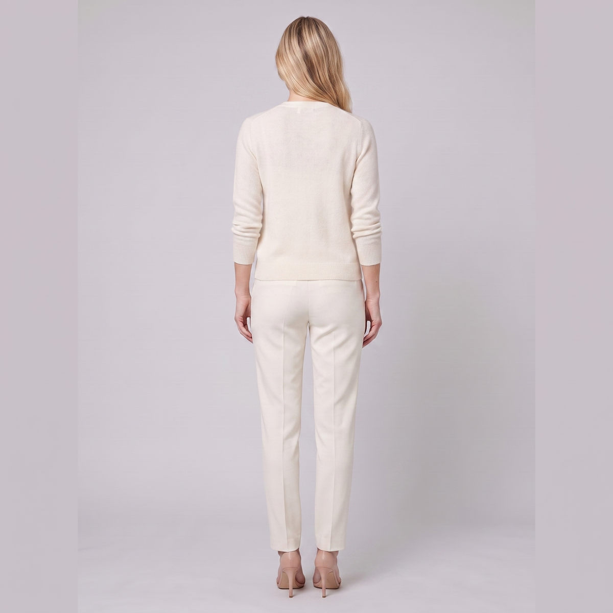 Nora long open-front cardigan in cream, back view on model