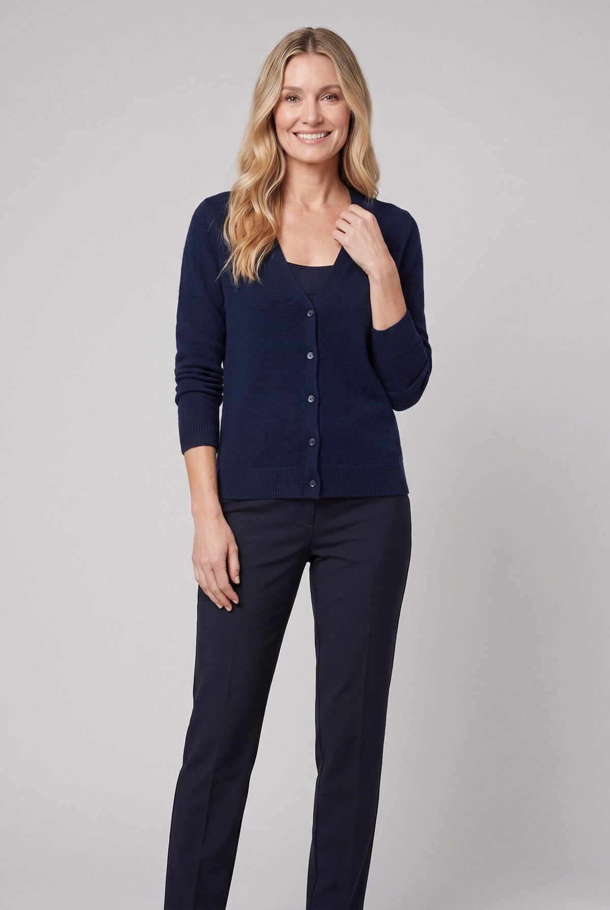 Nora wool-blend long open-front cardigan in navy on model