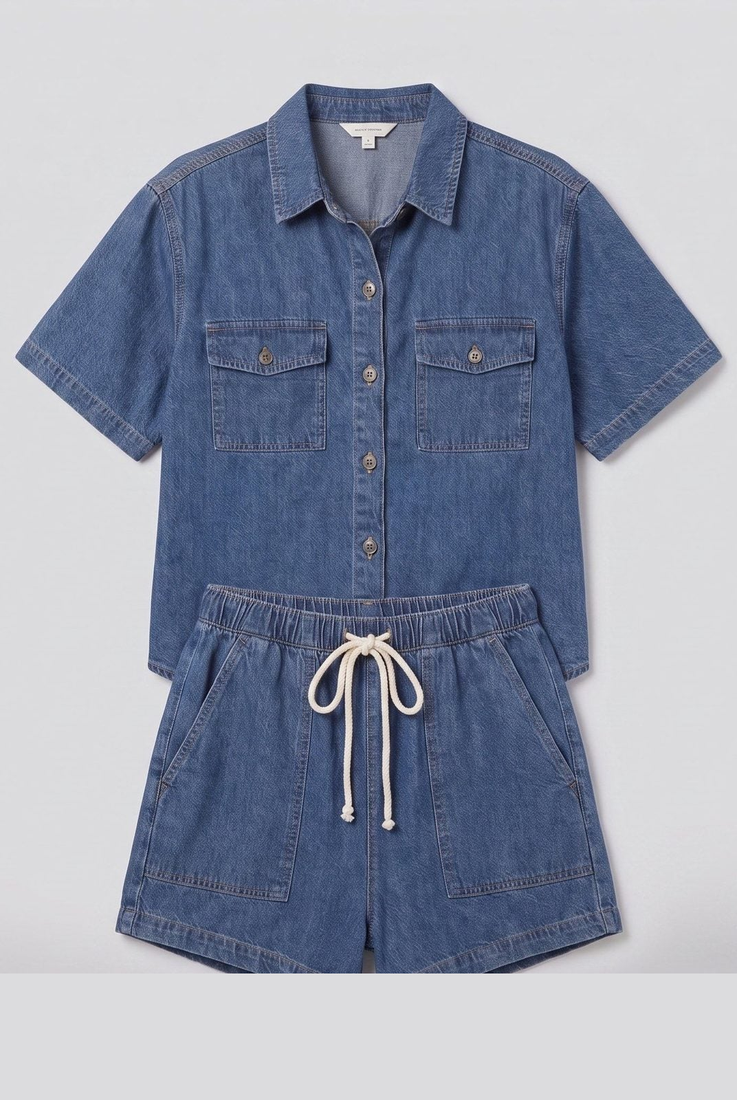 Olivia cotton-blend loungewear set in denim blue, flat lay product shot