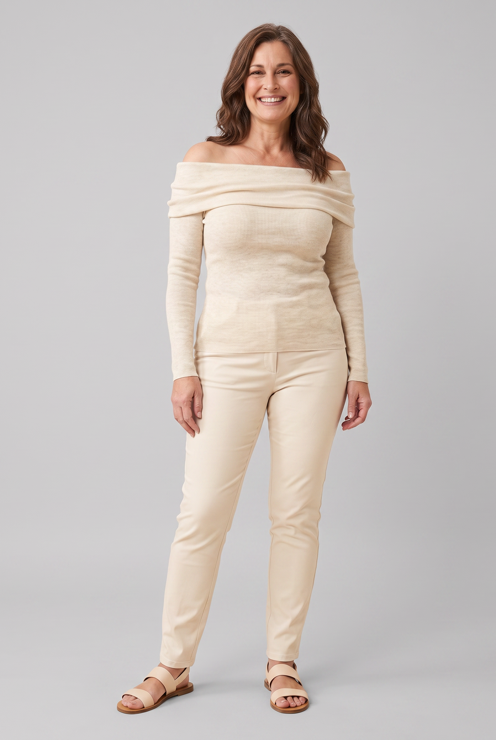 Oriana ribbed off-shoulder top in cream on model