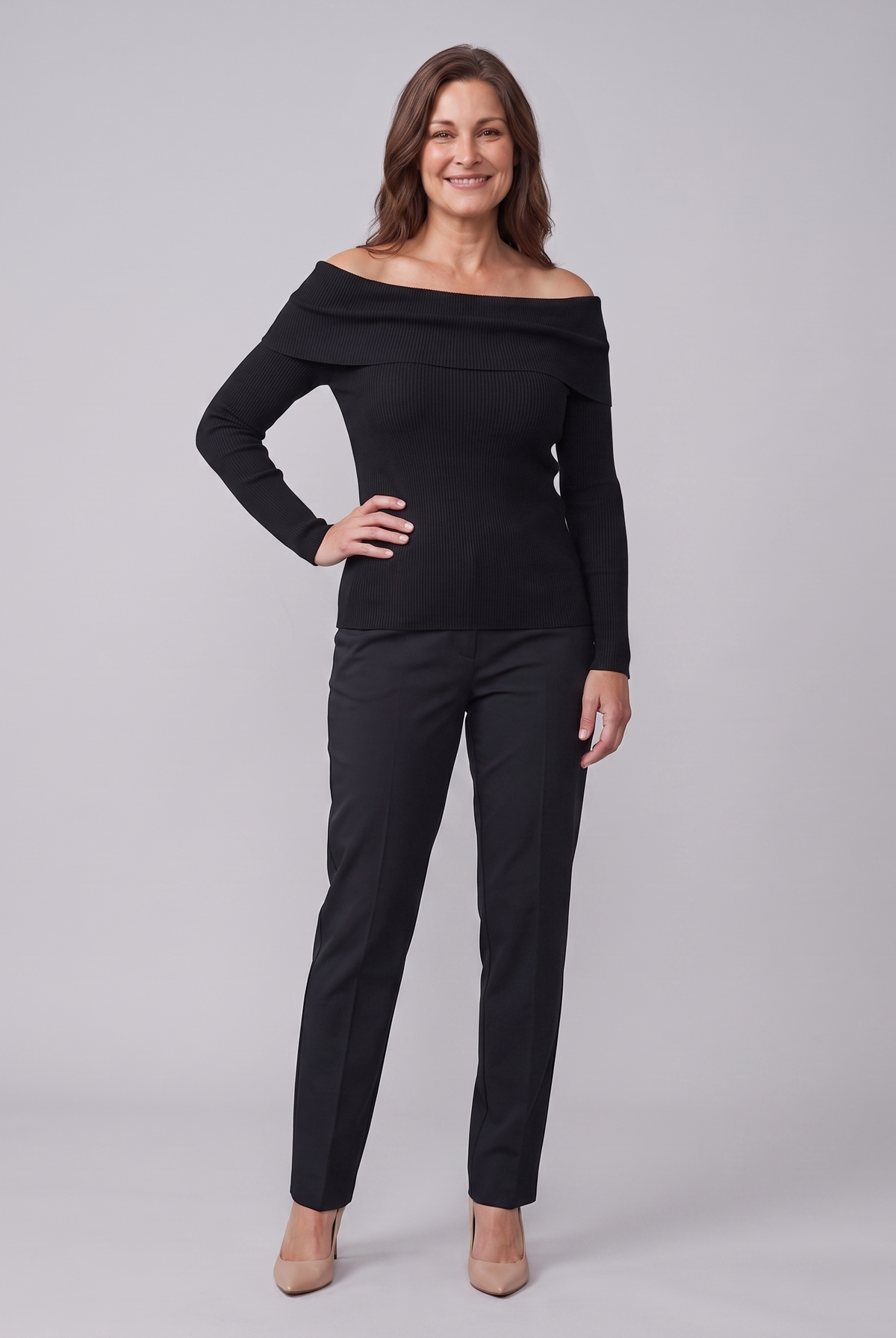 Oriana ribbed off-shoulder top in black on model