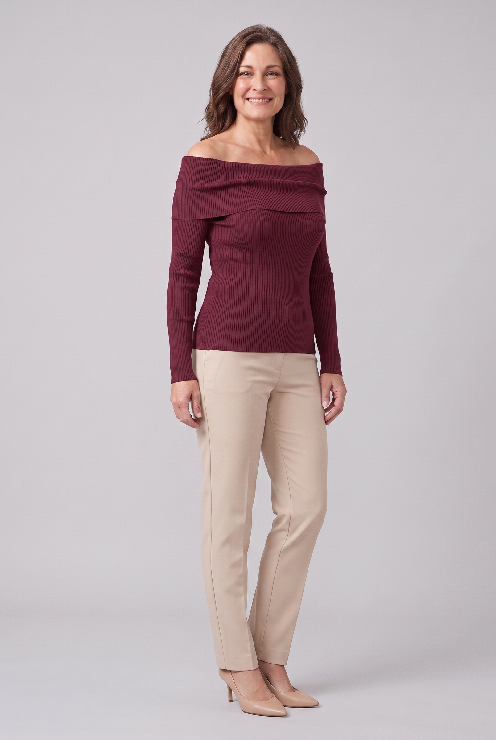 Oriana ribbed off-shoulder top in burgundy on model