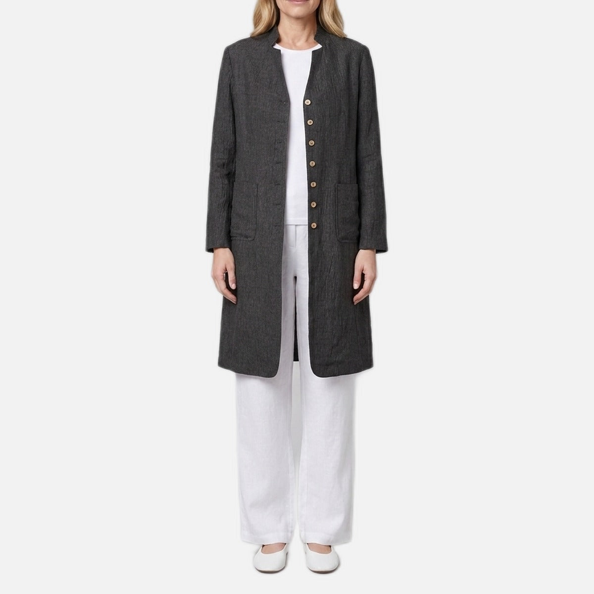 Women's Linen Shirt Jacket – Mandarin Collar, Button-Up