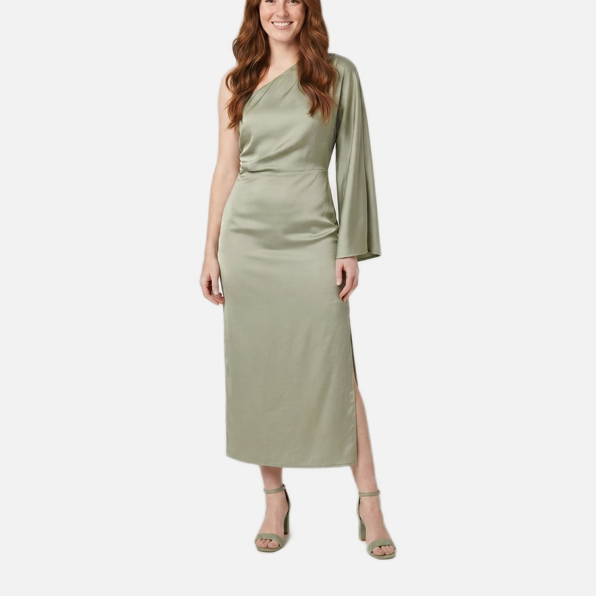Women's Satin Midi Dress – One Shoulder, Wedding Guest