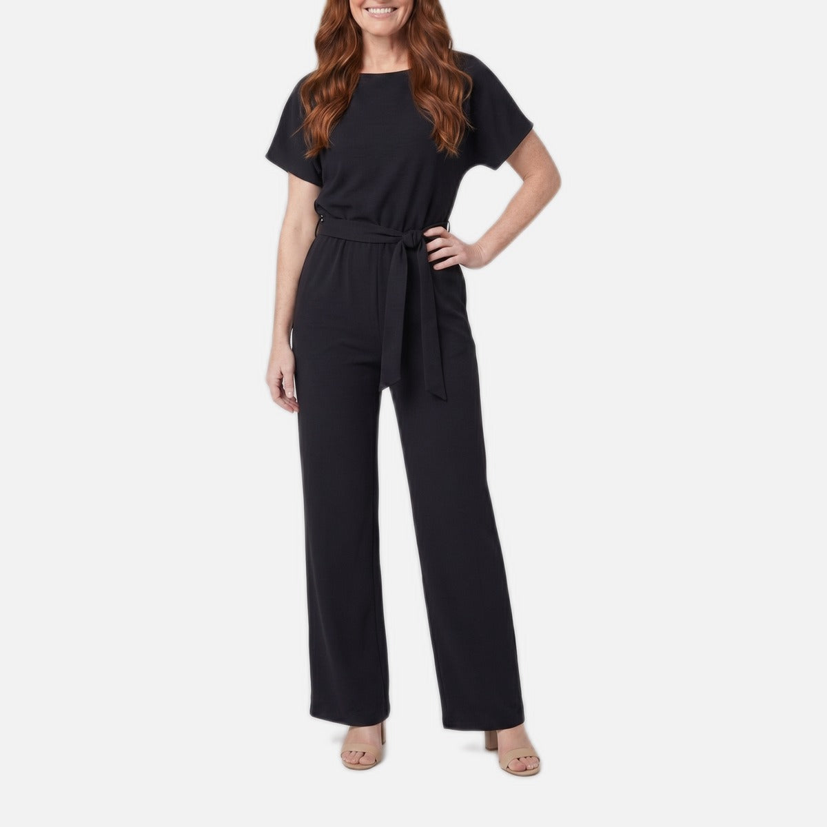Women's Jumpsuit – Wide-Leg, Self-Tie Belt, Boat Neck, Relaxed Fit