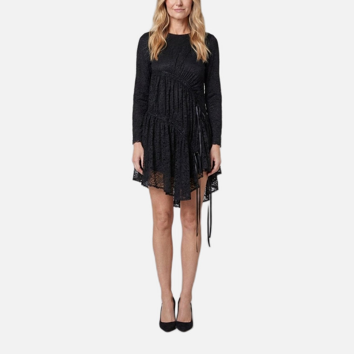 Women's Lace Dress – Ruched Tiered Midi, Sleeveless, Black