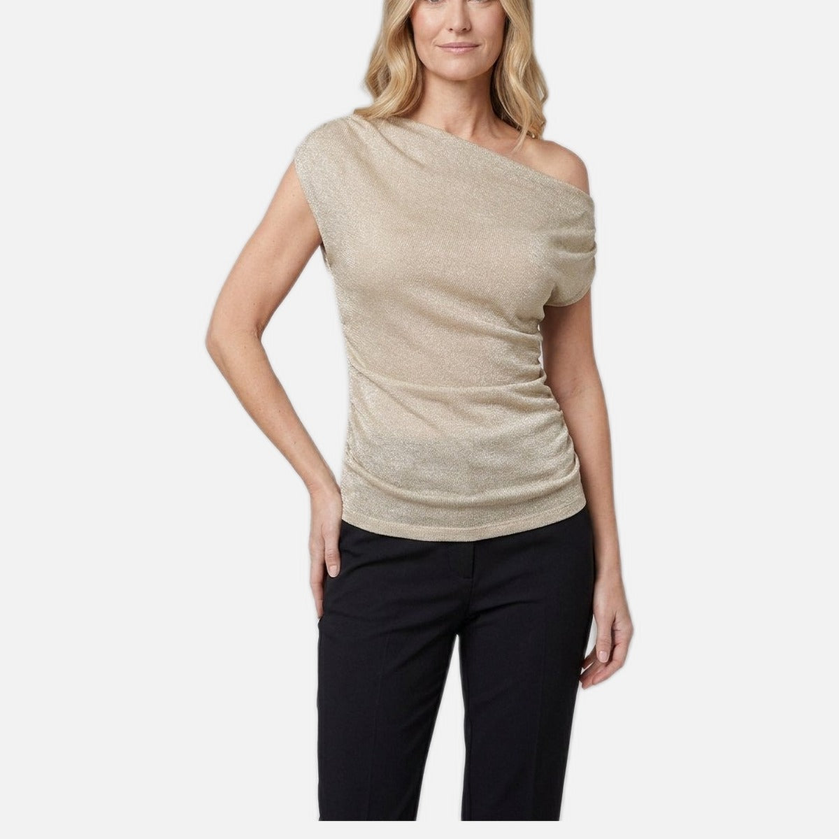 Women's Metallic Knit Top – Off-Shoulder, Fitted Evening Top