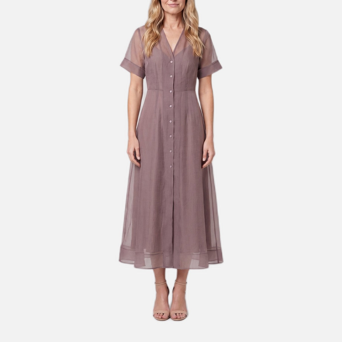Women's Midi Dress – Organza A-Line, Button Closure