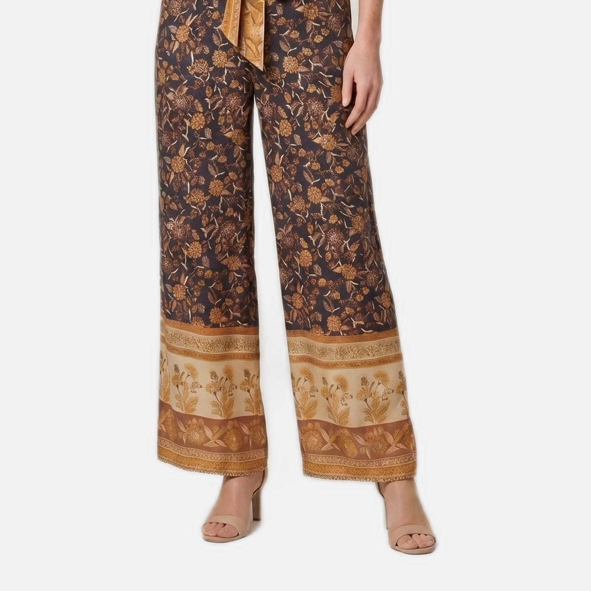 Women's Wide-Leg Trousers – Floral Print, Tie Belt, High Waist