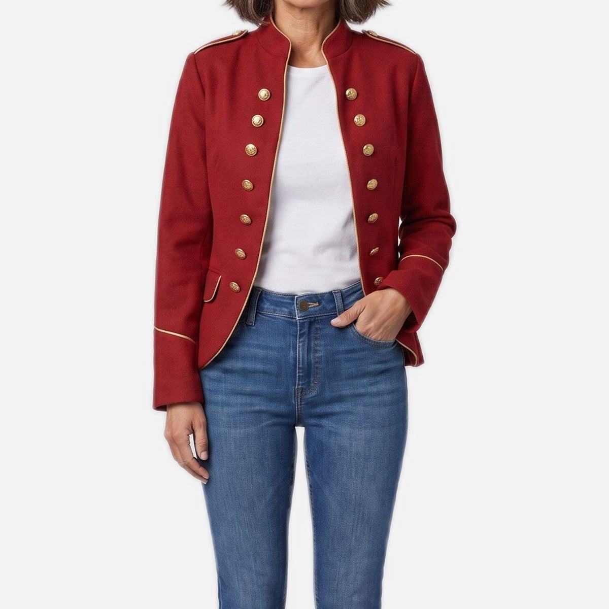 Women's Velvet Blazer – Gold-Tone Buttons, Structured Shoulder