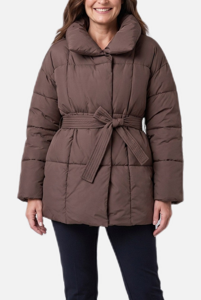 Women's Puffer Coat – Belted Waist, Down-Blend, Knee Length