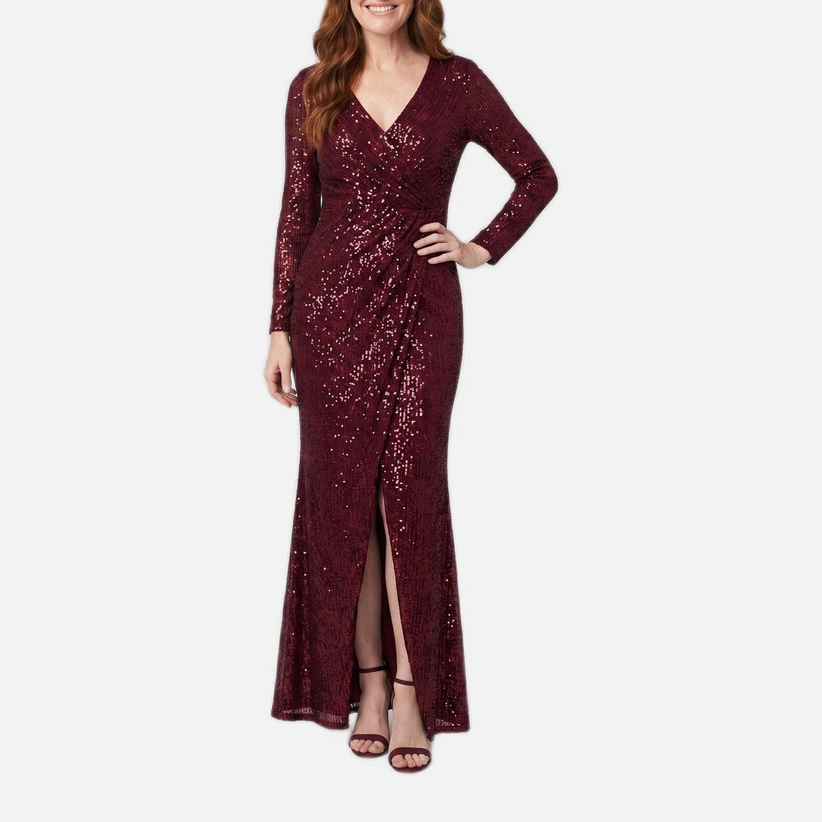 Women's Evening Gown – Burgundy Sequin, Thigh-High Slit