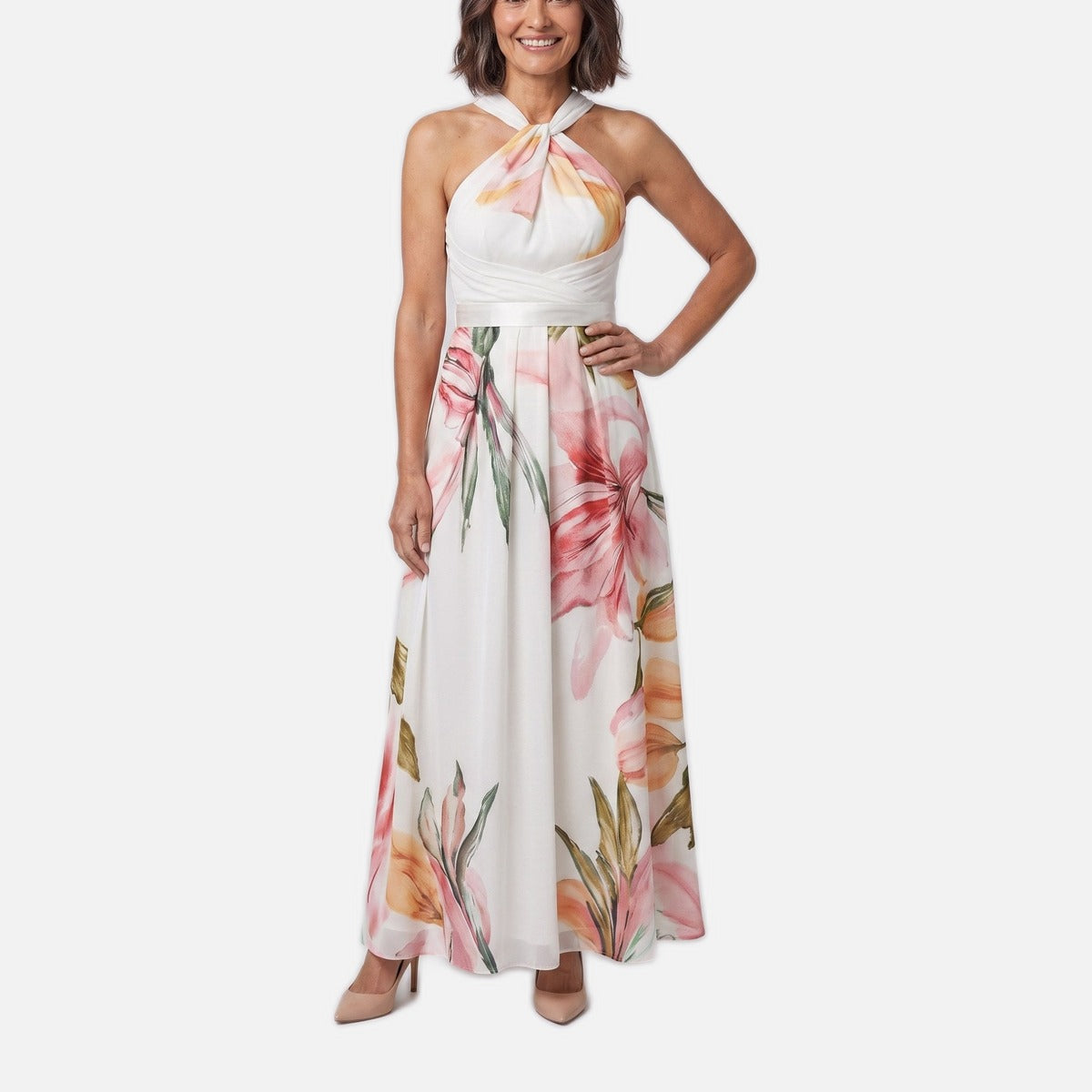 Women's Evening Gown – Draped Halter Neck, Floral Print