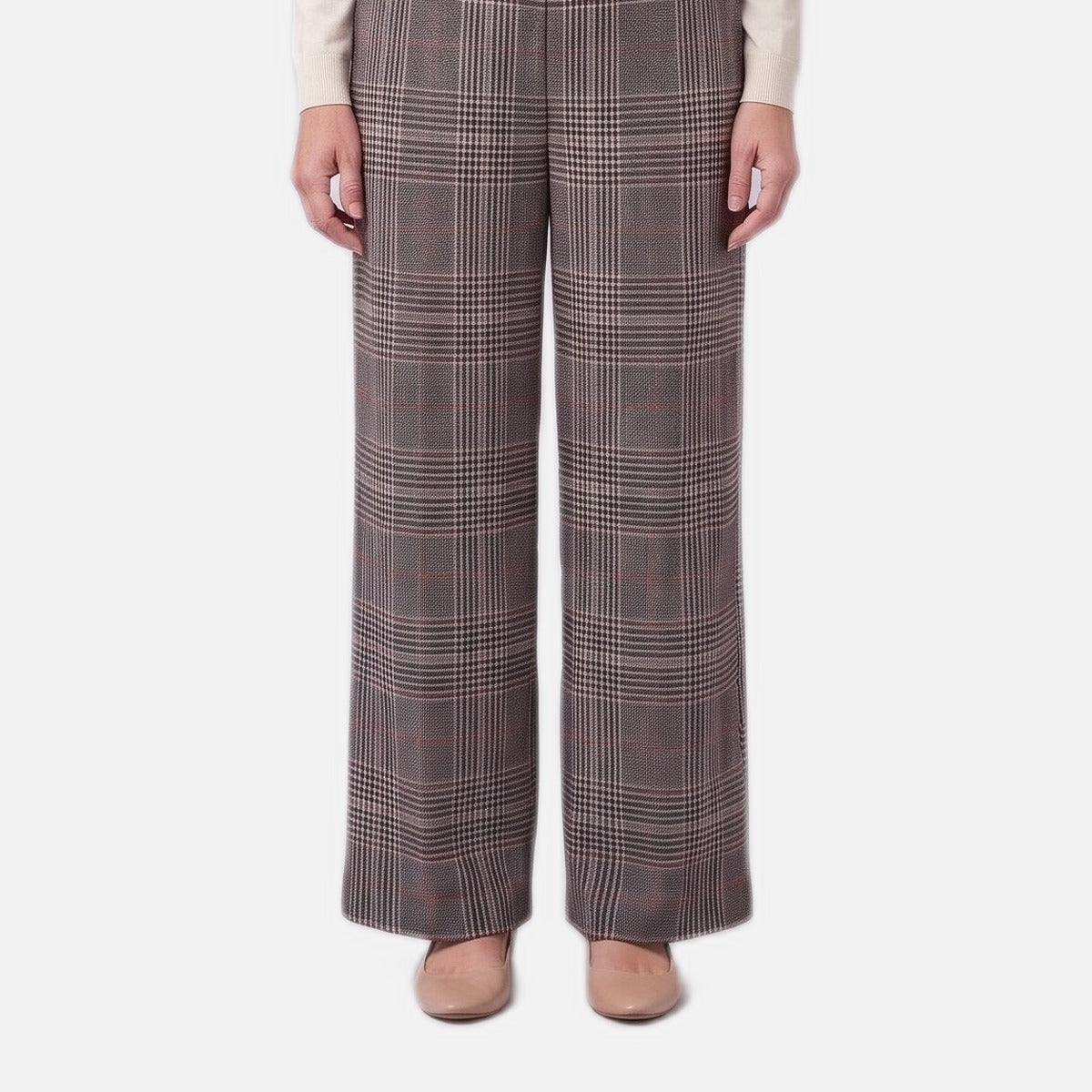 Women's Check Wide Leg Trousers – Elastic Waist, Buckle