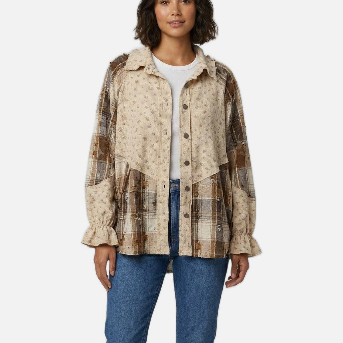 Women's Patchwork Shacket – Plaid and Floral, Ruffle Trim