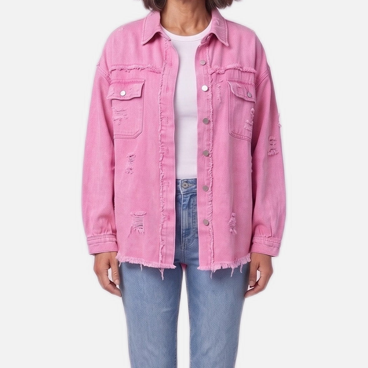 Women's Distressed Denim Shacket – Raw Hem, Oversized