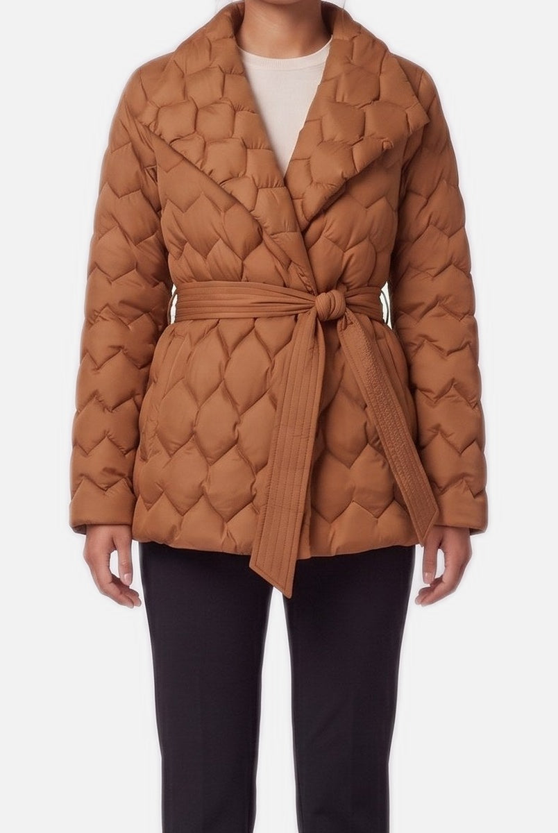 Women's Quilted Belted Jacket – Shawl Collar, Caramel