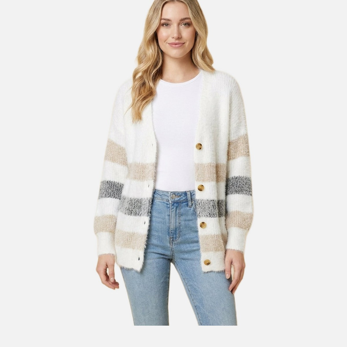 Women's Striped Cardigan – Brushed Knit, Gold Buttons