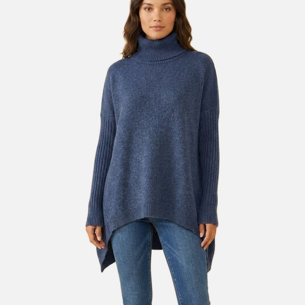 Women's Draped Turtleneck – High-Low Hem, Side Slits