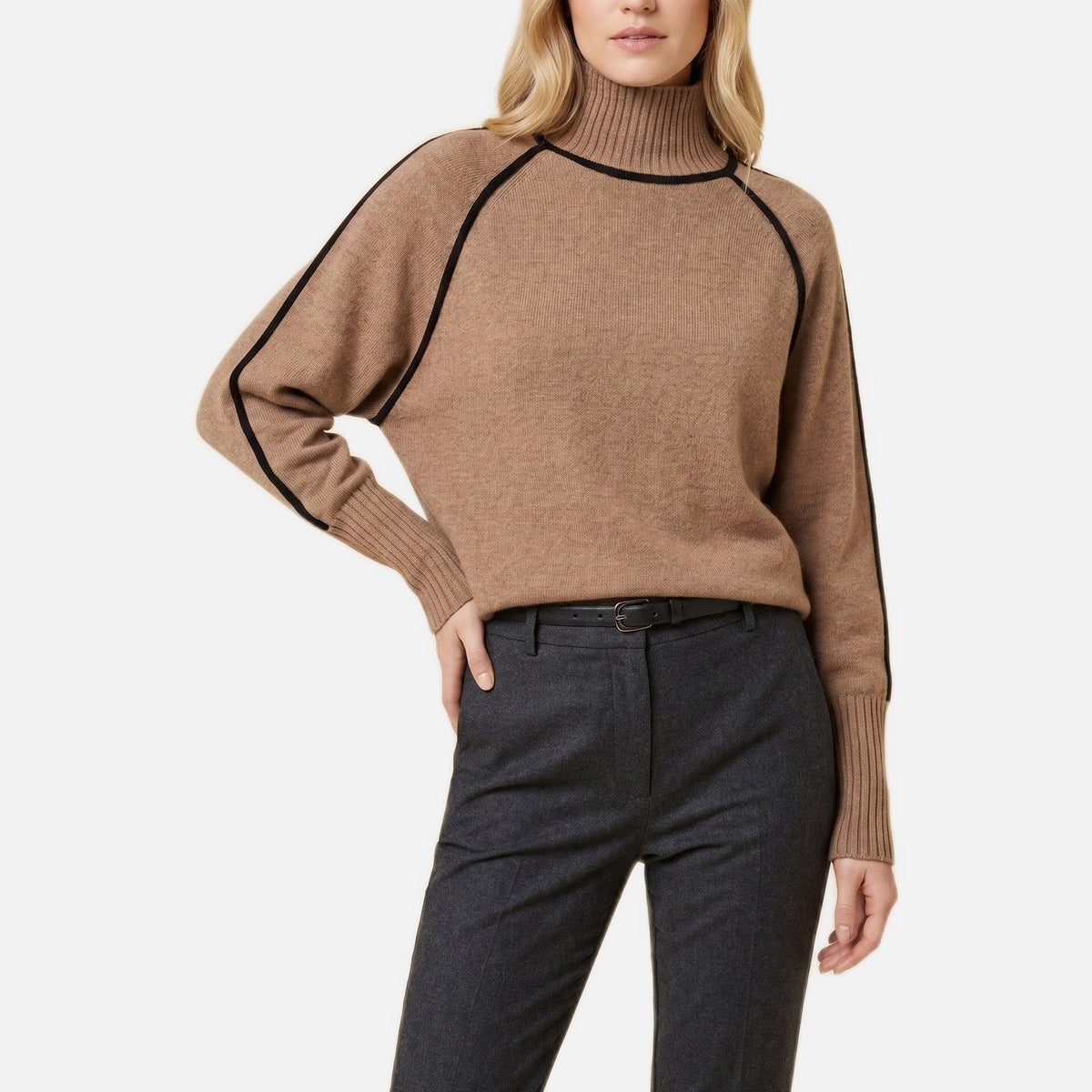 Women's Turtleneck Sweater – Contrast Sleeve Stripe