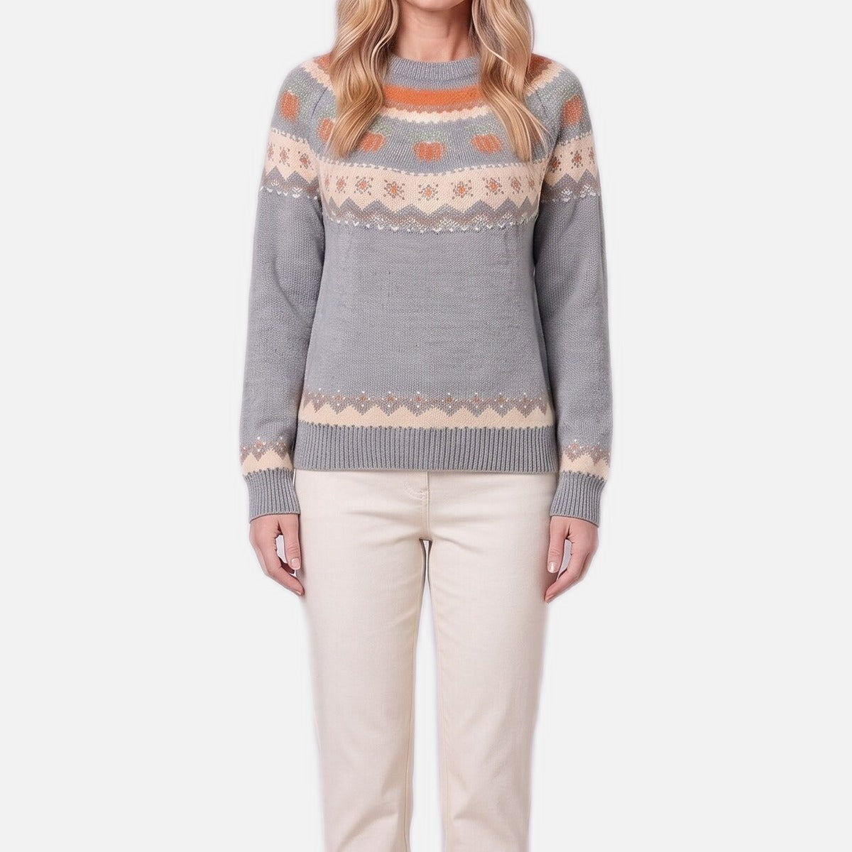 Women's Pumpkin Fair Isle Sweater – Jacquard Knit Yoke